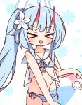  &gt;_&lt; 1girl :d ball beachball bikini blue_archive blue_bikini blue_hair blue_halo blush breasts chise_(blue_archive) chise_(swimsuit)_(blue_archive) closed_eyes commentary_request cowboy_shot flower hair_flower hair_ornament halo hana_kazari highres holding holding_ball horns long_hair navel open_mouth ponytail red_horns sailor_collar side-tie_bikini_bottom simple_background skin-covered_horns small_breasts smile solo swimsuit white_background white_sailor_collar xd 