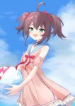  1girl :d ahoge ball blue_sailor_collar cloud cloudy_sky day floating_ball frills highres holding holding_ball hololive holonatsu_paradise natsuiro_matsuri natsuiro_matsuri_(holonatsu_paradise) oekaki sailor_collar short_twintails simple_background sky smile twintails u_kome virtual_youtuber 