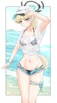  1girl absurdres alternate_costume alternate_hairstyle baseball_cap bikini bikini_under_clothes black_bikini blonde_hair blue_archive blue_eyes blue_halo blush closed_mouth denim denim_shorts halo hat highres long_hair looking_at_viewer navel negiroppon open_clothes open_shorts ponytail see-through_clothes see-through_shirt shirt short_shorts short_sleeves shorts smile solo stomach swimsuit t-shirt tied_shirt toki_(blue_archive) white_hat 