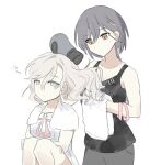  2girls bare_shoulders black_pants black_tank_top blue_eyes bow ceras_yanagida_lilienfeld ceras_yanagida_lilienfeld_(summer_loungewear) churhami closed_mouth collarbone commentary dress dress_bow drying drying_another&#039;s_hair drying_hair edel_note grey_hair hair_dryer hair_intakes hair_ornament half-closed_eyes highres holding holding_hair_dryer holding_towel katsuragi_izumi katsuragi_izumi_(summer_loungewear) knees_up link!_like!_love_live! love_live! multiple_girls official_alternate_costume orange_eyes pants pink_bow pink_ribbon ribbon simple_background sitting sleepy squeans standing tank_top towel towel_around_neck triangle_hair_ornament unworn_ribbon virtual_youtuber white_background white_bow white_dress wolf_cut 