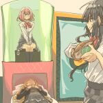  3girls amaori_renako anjuro_zeeku ball baseball baseball_mitt black_hair black_jacket black_pantyhose black_skirt black_socks blonde_hair blush bow bowtie closed_mouth collared_shirt commentary dunk_tank english_commentary grey_sweater highres holding holding_ball imminent_facesitting jacket kneehighs koto_satsuki long_hair medium_hair multiple_girls ouzuka_mai own_hands_together pantyhose pink_eyes pink_hair plaid_clothes plaid_skirt red_bow red_bowtie red_eyes shirt skirt socks sweatdrop sweater watashi_ga_koibito_ni_nareru_wake_naijan_murimuri! white_shirt yuri 