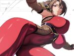  1girl ahonoko anime_coloring arm_guards armor armpits bodysuit breasts brown_eyes brown_hair clothing_cutout covered_navel covered_nipples detached_sleeves fingerless_gloves fishnet_sleeves fishnets framed_breasts from_below gloves hair_between_eyes high_ponytail impossible_bodysuit impossible_clothes large_breasts latex latex_bodysuit long_hair looking_at_viewer motion_blur ninja odaibako outstretched_arms parted_lips ponytail red_bodysuit red_gloves request_inset shiny_clothes shoulder_armor side_cutout simple_background skin_tight sleeveless sleeveless_bodysuit solo soulcalibur spread_arms taki_(soulcalibur) teeth underbust white_background 