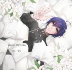  1boy ahoge bangs black_jacket book commentary_request daisy danganronpa_(series) danganronpa_v3:_killing_harmony dated double-breasted flower green_eyes hair_between_eyes hand_up jacket lily_(flower) long_sleeves looking_at_viewer male_focus open_book purple_hair saihara_shuuichi short_hair smile solo striped u_u_ki_u_u white_flower 