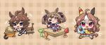  &gt;_o +++ 3girls :d ;) ahoge animal_ears black_gloves bow brown_background brown_eyes brown_hair chibi closed_mouth commentary_request copano_rickey_(umamusume) detached_sleeves double_bun dress fingerless_gloves fur-trimmed_gloves fur_trim gloves hair_between_eyes hair_bow hair_bun highres holding horse_ears horse_girl horse_tail long_hair long_sleeves moko39_takasora multicolored_hair multiple_girls one_eye_closed pink_bow pink_skirt plaid_background purple_bow purple_eyes sand sharp_teeth shinko_windy_(umamusume) shirt skirt smart_falcon_(umamusume) smile sparkle tail teeth trowel twintails two-tone_hair umamusume v-shaped_eyebrows very_long_hair wheelbarrow white_hair white_shirt wide_sleeves wrist_cuffs yellow_dress yellow_sleeves 