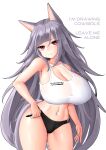  1girl absurdres animal_ears bangs bare_arms bare_shoulders blunt_bangs breasts cleavage collarbone covered_nipples cowboy_shot english_text grey_hair highres holding huge_breasts kaedeno_yuu long_hair looking_at_viewer midriff navel original pen pink_eyes simple_background solo sports_bra tail very_long_hair white_background 