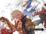  2boys 2girls ? absurdres ahoge ancient_greek_clothes archer_(fate) archer_(honkai:_star_rail)_(fate) armor arrow_(projectile) arrow_(symbol) artist_name artoria_pendragon_(fate) black_bodysuit black_boots black_pantyhose black_shirt blonde_hair blue_bow blue_bowtie blue_dress blurry blurry_foreground blush body_markings bodysuit boots bow bow_(weapon) bowtie braid breasts brown_eyes buttons clara_(honkai:_star_rail) closed_mouth coat collared_shirt dark-skinned_male dark_skin dress energy english_text excalibur_(fate/stay_night) fate/stay_night fate/unlimited_blade_works fate_(series) floating_hair frills gauntlets gold_necklace gradient_hair greco-roman_clothes hair_bun hair_ornament hand_on_another&#039;s_head hand_on_own_chin highres holding holding_bow_(weapon) holding_sword holding_weapon honkai:_star_rail honkai_(series) jewelry juliet_sleeves long_hair long_sleeves medium_breasts multicolored_hair multiple_boys multiple_girls muscular muscular_male mydei_(honkai:_star_rail) necklace noiruground open_clothes open_coat pantyhose petting pink_eyes puffy_sleeves red_coat red_eyes red_hair saber_(fate) saber_(honkai:_star_rail)_(fate) shirt short_hair shoulder_armor sidelocks simple_background single_bare_shoulder single_braid smile speech_bubble spoken_question_mark sword thought_bubble to_be_continued two-tone_dress weapon white_background white_dress white_hair 