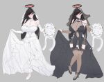  1girl bare_shoulders black_hair black_shoes black_thighhighs blue_archive bouquet breasts bridal_veil bride bright_pupils cleavage dress elbow_gloves flower gloves hair_ornament hairclip halo high_heels highres holding holding_bouquet huge_breasts jewelry lengkuass long_hair looking_at_viewer red_eyes rio_(blue_archive) shoes solo thighhighs veil very_long_hair wedding_dress white_dress white_gloves white_pupils white_shoes 