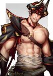  1boy abs bandages bara bare_pecs chest_harness chinese_zodiac cow_boy cow_horns cowboy_shot dragalia_lost facial_hair gozu_tenno_(dragalia_lost) greenteaa harness head_tilt highres horns jacket jacket_on_shoulders large_pectorals leather looking_at_viewer male_focus mature_male muscular muscular_male navel neck_tattoo nipples orange_eyes red_hair scar_on_mouth short_hair solo stubble tattoo year_of_the_ox 