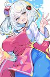  apron blue_skirt blush bombergirl breasts cowboy_shot dutch_angle explosion hair_ornament hand_on_own_chest highres jewelry large_breasts omochishiki open_mouth pink_apron ring shiroe_(bombergirl) shirt side_ponytail skirt sphere_hair_ornament striped_clothes striped_shirt vertical-striped_clothes vertical-striped_shirt waving wedding_ring white_hair white_shirt yellow_eyes 