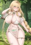  1girl :o absurdres ahoge artist_name azur_lane bare_shoulders between_breasts blonde_hair blurry blurry_background blush bra braid braided_ponytail breasts cleavage commentary earrings elf forest gem glint gold_thighlet gouden_leeuw_(azur_lane) green_gemstone groin hair_between_eyes hair_intakes halterneck hand_in_own_hair hand_up highres holding holding_staff huge_breasts jewelry light_particles long_hair long_hair_between_eyes looking_ahead mole mole_under_eye nature navel pelvic_curtain pointy_ears pubic_tattoo purple_eyes revealing_clothes see-through_clothes see-through_pelvic_curtain shin69 sidelocks single_earring solo staff standing stomach tattoo thighlet thighs underwear very_long_hair white_bra 