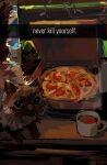  animal animal_focus black_cat cat cup drink english_text food highres mug original pasharuu pizza pizza_box snapchat table 