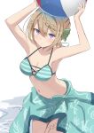  1girl absurdres armpits arms_up ball beachball bikini blonde_hair braid braided_bangs braided_bun cross-laced_bikini cross-laced_clothes green_bikini green_sarong hair_bun highres holding holding_ball holding_beachball kantai_collection leaf_print leaning_forward perth_(kancolle) perth_(swimsuit)_(kancolle) purple_eyes sarong short_hair solo striped_bikini striped_clothes sukimizaki swimsuit white_background 