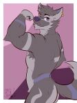 2025 anthro armbands_(marking) armpit_hair artist_name back_muscles biceps body_hair border butt canid canine canis claws colored curled_tail dated deltoids dl_wolf_(dl2288) ear_piercing ear_ring flexing flexing_bicep forearm_muscles fur grey_body grey_fur hair hi_res inner_ear_fluff looking_at_viewer male mammal muscular muscular_male neck_tuft nude_anthro nude_male pawpads piercing pinup portrait pose pubes purple_background purple_body purple_eyes purple_fur purple_nose purple_tongue ring_piercing short_hair signature simple_background solo standing tail text three-quarter_portrait tongue tongue_out triceps tuft ventkazemaru whisker_spots wolf