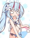  &gt;_&lt; 1girl :d ball beachball bikini blue_archive blue_bikini blue_hair blue_halo blush breasts chise_(blue_archive) chise_(swimsuit)_(blue_archive) cowboy_shot flower hair_flower hair_ornament halo hana_kazari highres holding holding_ball horns long_hair looking_at_viewer navel parted_lips ponytail red_horns sailor_collar side-tie_bikini_bottom simple_background skin-covered_horns small_breasts smile solo swimsuit teardrop wavy_mouth white_background white_sailor_collar wide_oval_eyes xd 