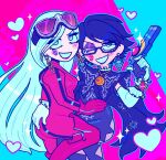  2girls alternate_costume aqua_background aqua_outline artist_name ass ass_grab bayonetta bayonetta_(character) black_hair blue_eyes blush_stickers bodysuit boots commentary couple earrings elbow_gloves english_commentary eyebrows_visible_through_hair eyeshadow eyewear_on_head glasses gloves gun handgun heart holding holding_gun holding_weapon jeanne_(bayonetta) jewelry kcdoos lipstick_mark long_hair looking_at_viewer makeup mole multicolored multicolored_background multiple_girls one_eye_closed open_mouth pistol purple_background purple_lips red_lips short_hair smile sparkle sunglasses symbol_commentary thigh_boots thighhighs translucent_hair twitter_username very_long_hair watermark weapon white_gloves yuri 
