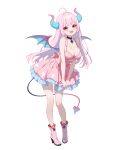  1girl :d absurdres ahoge back_bow bare_arms bare_shoulders black_choker blue_horns blue_wings blunt_bangs boots bow breasts choker cleavage demon_girl demon_horns demon_tail demon_wings dress dress_tug fangs frilled_dress frills full_body gradient_horns gradient_tail highres horns jewelry large_breasts leaning_forward long_hair looking_at_viewer multicolored_horns multicolored_tail multicolored_wings open_mouth original pendant pendant_choker pink_dress pink_hair pink_horns pink_shoes pleated_dress pointy_ears red_eyes red_wings shijie_de_xuwu shoes short_dress simple_background sleeveless sleeveless_dress smile solo spaghetti_strap standing straight_hair tail teeth upper_teeth_only white_background wings 
