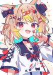  1girl :d ahoge animal_ear_fluff animal_ears aqua_hair aramedraw arm_up armlet bandaid bandaid_hair_ornament bell black_bow black_bowtie black_choker black_sailor_collar blonde_hair blush bow bowtie bracelet brown_hair cat_ears choker colored_inner_hair commentary_request facial_mark fang hair_bow hair_ornament hairclip hat highres jewelry looking_at_viewer mini_hat mini_top_hat multicolored_hair neck_bell open_mouth original parallel_hairclips paw_print red_eyes red_nails sailor_collar shirt short_sleeves smile solo sparkle streaked_hair t-shirt teeth top_hat triangle_hair_ornament upper_body upper_teeth_only white_shirt x_hair_ornament 