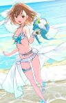  1girl :d absurdres beach belly_chain bikini bouquet breasts bridal_bikini bridal_veil brown_eyes brown_hair commentary haimura_kiyotaka highres holding holding_bouquet jewelry medium_hair misaka_mikoto nontraditional_wedding_dress ocean official_alternate_costume outdoors small_breasts smile solo swimsuit symbol-only_commentary toaru_kagaku_no_railgun toaru_majutsu_no_index veil white_bikini 