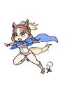  1girl abs animal_ears bare_shoulders blue_cape blush brown_buruma brown_hair brown_sleeves brown_socks brown_sports_bra buruma cape chestnut_thoroughbred_(kemono_friends) closed_eyes detached_sleeves extra_ears headband headgear horse_ears horse_girl horse_tail kemono_friends kishida_shiki midriff multicolored_hair navel open_mouth photo-referenced ponytail red_headband running shoes short_hair smile sneakers socks solo sports_bra sportswear tail two-tone_hair white_hair white_shoes 