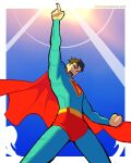  1boy arm_up artist_name batm_andrew black_hair blue_bodysuit blue_eyes blue_sky bodysuit border briefs cape clenched_hand dc_comics dynamic_pose highres light_rays looking_at_viewer male_focus male_underwear open_mouth outside_border outstretched_arm pointing pointing_up red_cape short_hair sky solo sun sunbeam sunlight superhero_costume superman superman_(2025) superman_(series) teeth tongue underwear upper_teeth_only white_border 