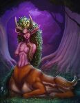  antlers breasts cervid cervid_taur cervine cervine_taur female glowing glowing_eyes green_hair hair horn humanoid_pointy_ears lunara_(warcraft) m1ken mammal mammal_taur nipples np4tch one_eye_closed pose solo taur wink yellow_eyes 