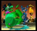  2007 alligator alligatorid anthro belly big_belly blue_clothing clothing crocodilian duo female fur green_body grey_body grey_fur inside male mammal mz._ruby overweight procyonid raccoon reptile scalie sly_cooper sly_cooper_(series) sony_corporation sony_interactive_entertainment sucker_punch_productions toony virus-20 