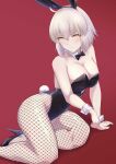  1girl absurdres ahoge animal_ears bangs black_leotard blush bow bowtie breasts bunny_ears bunny_tail covered_navel detached_collar fake_animal_ears fate/grand_order fate_(series) fishnet_legwear fishnets high_heels highleg highleg_leotard highres jeanne_d&#039;arc_(alter)_(fate) jeanne_d&#039;arc_(fate)_(all) large_breasts leotard looking_at_viewer okuma707 playboy_bunny red_background short_hair silver_hair strapless strapless_leotard tail thighs wrist_cuffs yellow_eyes 