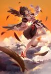 above_clouds absurdres black_hair black_ribbon black_skirt black_wings cloud expressionless feathered_wings feathers flying geta hat headband highres japanese_clothes kourindou_tengu_costume medium_hair obi orange_sky pelvic_curtain red_headband red_ribbon ribbon sash shameimaru_aya skirt sky sumirou-kun sunset tengu-geta thighhighs tokin_hat touhou white_sash white_sleeves white_thighhighs wings 