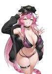  1girl absurdres adjusting_clothes adjusting_headwear animal_ears bikini black_bikini black_choker black_hat black_jacket breasts center-flap_bangs choker cleavage commentary double-parted_bangs english_commentary eyewear_on_head grin hat highleg highleg_bikini highres hololive hololive_english holonatsu_paradise jacket jewelry large_breasts layered_bikini leopard_print_bikini long_hair looking_at_viewer multi-strapped_bikini_bottom multicolored_hair navel necklace o-ring o-ring_thigh_strap official_alternate_costume open_clothes open_jacket panther_ears panther_girl panther_tail peaked_cap pink_bikini pink_hair raikkonen raora_panthera raora_panthera_(holonatsu_paradise) round_eyewear sidelocks simple_background smile solo stomach strap_lift streaked_hair sunglasses swimsuit tail thigh_strap virtual_youtuber white_background white_hair yellow_eyes 