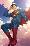  1boy absurdres alexismc2 arm_up black_hair blue_bodysuit blue_eyes bodysuit boots briefs cape cloud cloudy_sky dc_comics full_body grin highres looking_at_viewer male_focus male_underwear red_boots red_cape salute short_hair sitting sky smile solo spanish_commentary superhero_costume superman superman_(2025) superman_(series) superman_logo teeth underwear 