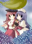  2000s_(style) 2girls acolyte_(ragnarok_online) black_gloves black_hat blue_background blue_eyes blue_flower blush bow braid breasts capelet closed_mouth commentary_request cross cross_necklace dress fedora flower gloves hat high_priest_(ragnarok_online) hydrangea jewelry juliet_sleeves leaf_umbrella long_hair long_sleeves looking_at_viewer medium_breasts multiple_girls necklace nurse_cap open_mouth pink_hair puffy_sleeves purple_bow purple_flower purple_hair ragnarok_online rain red_dress red_shirt sash shirt skirt smile takatou_ayumi twin_braids two-tone_dress upper_body white_capelet white_dress white_hat white_sash white_skirt 