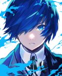  1boy black_jacket blue_eyes blue_hair collared_shirt commentary_request earphones_removed gekkoukan_high_school_uniform hair_over_one_eye highres jacket looking_at_viewer male_focus neck_ribbon parted_lips persona persona_3 persona_3_reload ribbon school_uniform shirt short_hair solo spendsea straight-on upper_body white_background white_shirt yuuki_makoto_(persona_3) 