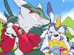 anthro armwear bandai_namco black_nose blue_body blue_fur blue_sky can claws clothed clothing container dahecksajerry day digimon digimon_(species) duo fan_character finger_claws fur gabumon holding_can holding_container holding_object horn mostly_nude plant renamon size_difference sky teeth tree white_claws yellow_body yellow_fingers yellow_horn