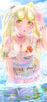  1girl :o absurdres adjusting_eyewear alternate_costume arm_strap bang_dream! bare_shoulders bikini bikini_skirt blonde_hair blue_sky blush bracelet breasts choker cleavage cloud cloudy_sky collar collarbone commentary_request day eyewear_on_head fish floral_print floral_print_bikini frilled_skirt frills glasses groin hand_up highres jewelry kneeling long_hair medium_breasts michelle_(bang_dream!) midriff navel ocean open_mouth outdoors partially_underwater_shot red_choker sidelocks skirt sky solo swimsuit tsurumaki_kokoro tsurumaki_negi twintails water yellow_bikini yellow_eyes yellow_skirt 