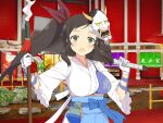  1girl armor bamboo_fence belt_bag blood blood_on_weapon blue_hakama blush bow breasts brown_hair cleaver curtains fence frilled_kimono frills frown gessen_academy_school_uniform gloves green_eyes hair_bow hair_ribbon hakama hannya holding holding_cleaver holding_polearm holding_weapon indoors japanese_armor japanese_clothes kimono kote large_breasts long_hair looking_at_viewer mask mask_on_head muneate murakumo_(senran_kagura) noh_mask non-web_source oil-paper_umbrella open_mouth polearm pond purple_bow red_umbrella ribbon rock school_emblem school_uniform senran_kagura senran_kagura_new_link senran_kagura_shinovi_versus side_ponytail sidelocks small_sweatdrop solo spear umbrella water weapon white_gloves white_kimono 
