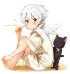  1boy :3 animal barefoot bell black_cat blue_collar blue_eyes blush cat child closed_eyes closed_mouth collar commentary_request dot_nose double-parted_bangs far_tarooo hair_between_eyes hand_on_own_foot highres holding knees_up kuro_(far_tarooo) looking_at_viewer male_focus neck_bell original shirt short_hair short_sleeves shorts sitting solo tile_floor tiles white_background white_hair white_wings wings 