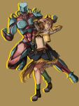  1girl abs absurdres ahoge animal_ears animal_print asymmetrical_legwear bandeau belt black_skirt bow bowtie brown_belt brown_hair clenched_hands colored_skin commentary crazy_diamond cropped_jacket crossover diamond_wa_kudakenai full_body green_socks grin hasewo higashikata_josuke&#039;s_pose_(jojo) highres horse_ears horse_girl horse_tail jacket jojo_no_kimyou_na_bouken jojo_pose jungle_pocket_(umamusume) kneehighs leopard_print loose_socks medium_hair medium_request midriff miniskirt navel open_clothes open_jacket outline padded_jacket pink_skin pleated_skirt single_kneehigh single_sock skirt smile socks stand_(jojo) strapless suspender_skirt suspenders suspenders_slip tail tsurime tube_top umamusume uneven_legwear yellow_bow yellow_bowtie yellow_eyes 