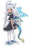  :3 animal_ears apron aqua_eyes aqua_nails aqua_shoes black_dress blush cat_ears dark-skinned_female dark_skin dragon_tail dragon_wings dress eyes_visible_through_hair flat_chest heart heterochromia highres kneepits long_hair looking_at_viewer maid maid_apron maid_headdress medium_dress negationtenmaru original pantyhose puffy_short_sleeves puffy_sleeves shoes short_sleeves tail tail_under_clothes twisted_torso very_long_hair wavy_hair white_hair white_pantyhose wings yellow_eyes 