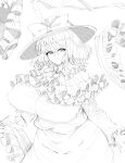  1girl absurdres aonori00 bow breasts capelet closed_mouth commentary_request frilled_capelet frilled_shawl frills greyscale hat hat_bow highres huge_breasts looking_at_viewer monochrome nagae_iku shawl shirt short_hair skirt smile solo touhou 