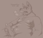  3/4_view anthro bodily_fluids breathing canid canine canis corruptedcatte erection genital_fluids genitals hi_res male mammal masturbation moobs overweight overweight_anthro overweight_male penile penile_masturbation penis precum precum_on_penis sitting solo teeth_showing thick_penis thick_thighs tired tongue tongue_out waist_up wolf 