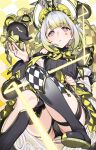  1girl 92m animal_ears black_leotard blonde_hair breasts checkered_clothes checkered_legwear checkered_pillow checkered_thighhighs detached_sleeves diamond_facial_mark duel_monster facial_mark frilled_hairband frills hairband highres leotard long_sleeves looking_at_viewer maliss_&lt;p&gt;_dormouse mouse_ears mouse_girl multicolored_hair purple_eyes see-through_clothes see-through_skirt see-through_sleeves short_hair skirt solo yu-gi-oh! 