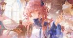  1girl absurdres arknights black_jacket colyba commentary curtains demon_horns dress highres holding_sewing_needle horns indoors jacket jewelry long_hair looking_down mannequin multiple_rings pink_eyes pink_hair ring sewing sewing_machine shelf smile solo spool symbol-only_commentary theresa_(arknights) thread upper_body watermark white_dress window 