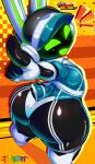 5_fingers absurd_res armor big_butt blush breasts butt clothed clothing colored electronics female fingers gesture green_blush green_eyes green_inner_ear green_mouth hand_gesture headgear headphones helmet hi_res huge_butt lagomorph leporid logo long_ears looking_at_viewer looking_back looking_back_at_viewer machine mammal neo_hajime pointing pointing_at_viewer project_turboblast rabbit rear_view robot screen screen_face standing tempo_(project_turboblast) thick_thighs tisinrei watermark white_ears 