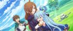  &gt;_&lt; 1boy 2girls ahoge aqua_(konosuba) belt blue_dress blue_hair blue_skirt blue_sky blush breasts brown_belt brown_hair cape cloud cloudy_sky constricted_pupils day dot_nose dress dutch_angle field game_cg green_cape green_eyes hair_ornament hair_over_one_eye hair_rings hand_up headpat highres hug kono_subarashii_sekai_ni_shukufuku_wo! konosuba!_fantastic_days large_breasts lens_flare long_hair medium_breasts multiple_girls official_art open_mouth outdoors purple_robe robe satou_kazuma shirt sidelocks single_hair_ring skirt sky slime_(substance) small_sweatdrop sparkle sunlight third-party_source tree very_long_hair white_shirt wiz_(konosuba) yellow_eyes 