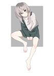  1girl barefoot bra_strap closed_mouth full_body girls_band_cry green_jacket grey_hair head_tilt highres invisible_chair jacket kawaragi_momoka long_hair long_sleeves looking_at_viewer oekakikujira off_shoulder shirt sidelocks sitting smile solo toes v-shaped_eyebrows v_arms white_shirt 