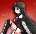  1girl bandaged_arm bandages bangs black_hair black_legwear breasts cleavage cleavage_cutout clothing_cutout from_side gradient gradient_background hair_between_eyes highres long_hair medium_breasts parted_lips red_background red_shirt shiny shiny_hair shirt sitting solo srssrm tales_of_(series) tales_of_berseria thighhighs torn_clothes torn_legwear velvet_crowe very_long_hair yellow_eyes 