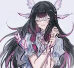  1girl black_hair blouse blunt_bangs columbina_(genshin_impact) eye_mask facing_viewer genshin_impact hair_tubes hands_up head_wings highres juliet_sleeves light_blush long_sleeves multicolored_hair multiple_wings parted_lips pink_hair pink_ribbon puffy_sleeves ribbon sgm618 shirt short_sleeves sidelocks smile solo straight-on streaked_hair twitter_username upper_body white_background white_mask white_mouth white_shirt white_sleeves white_wings wings x-shaped_eyewear 