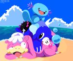 2025 6:5 ambiguous_gender beach black_body black_eyes blue_body bubble cloud dated dog_pile fangs feral generation_1_pokemon generation_2_pokemon generation_7_pokemon group hi_res looking_at_another markings nintendo open_mouth pink_body pink_eyes pokemon pokemon_(species) popplio pyukumuku sea signature sky sleepy_sealion slowpoke tail teeth tongue water whisker_markings wooper