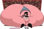  2025 alpha_channel anthro belly big_butt black_hair breasts butt candi_(vendant) clothing female hair hi_res huge_butt hyper hyper_butt mammal overweight pink_body procyonid raccoon shirt sitting solo speech_bubble text thick_thighs topwear vendant white_clothing white_shirt white_topwear yellow_sclera 