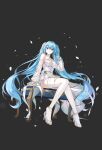 1girl bare_shoulders black_background blue_eyes blue_hair breasts chair choker cleavage closed_mouth closers detached_sleeves dress expressionless full_body hair_ribbon hand_up high_heels highres large_breasts long_hair long_sleeves looking_at_viewer official_art petals ribbon see-through_clothes see-through_sleeves shoes simple_background sitting sleeveless sleeveless_dress solo thighhighs very_long_hair violet_(closers) white_choker white_dress white_shoes white_thighhighs 